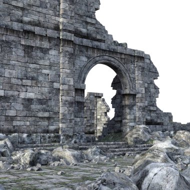 Beyaz Arkaplanda 3D Yapılandırılmış Eski Kale Harabeleri - 3d Resim