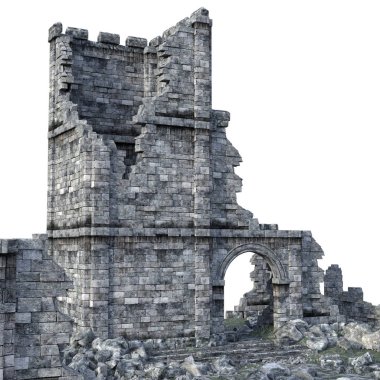 Beyaz Arkaplanda 3D Yapılandırılmış Eski Kale Harabeleri - 3d Resim