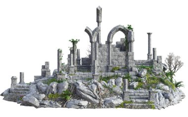 Beyaz Arkaplanda 3D Yapılandırılmış Eski Kale Harabeleri - 3d Resim
