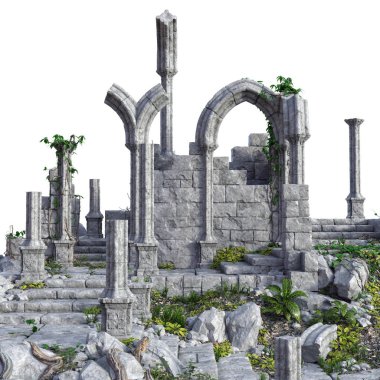 Beyaz Arkaplanda 3D Yapılandırılmış Eski Kale Harabeleri - 3d Resim