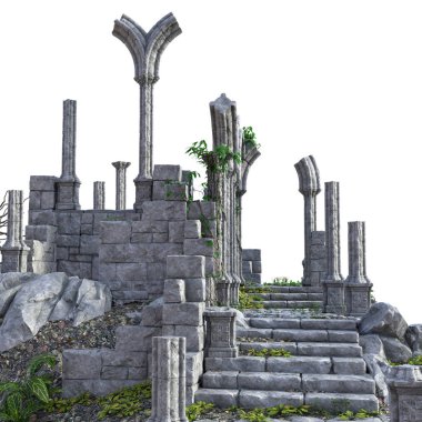 Beyaz Arkaplanda 3D Yapılandırılmış Eski Kale Harabeleri - 3d Resim