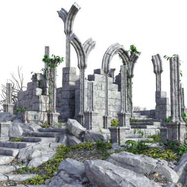 Beyaz Arkaplanda 3D Yapılandırılmış Eski Kale Harabeleri - 3d Resim
