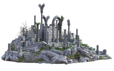 Beyaz Arkaplanda 3D Yapılandırılmış Eski Kale Harabeleri - 3d Resim