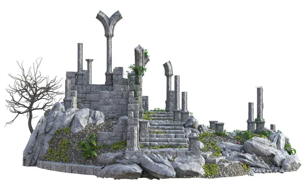 Beyaz Arkaplanda 3D Yapılandırılmış Eski Kale Harabeleri - 3d Resim
