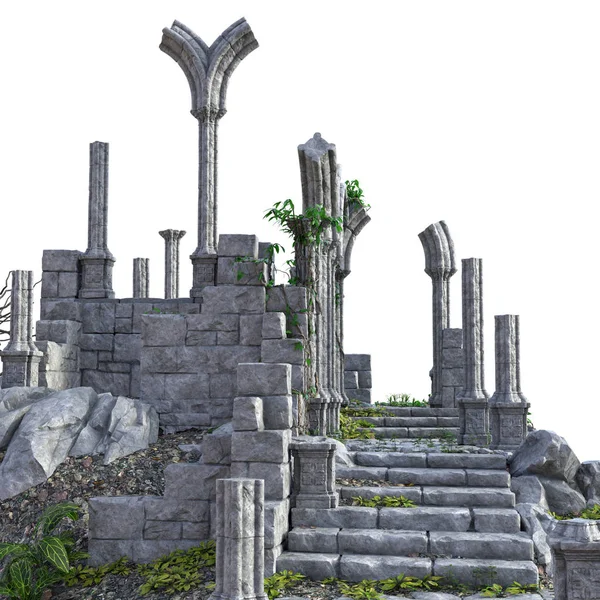 Beyaz Arkaplanda 3D Yapılandırılmış Eski Kale Harabeleri - 3d Resim