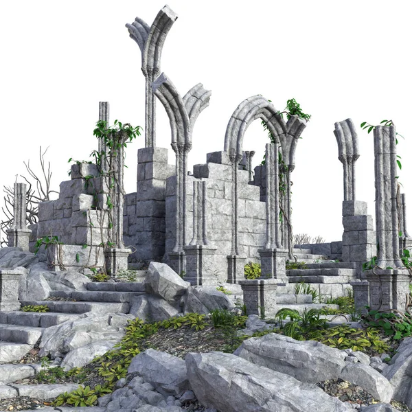 Beyaz Arkaplanda 3D Yapılandırılmış Eski Kale Harabeleri - 3d Resim
