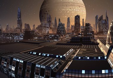Bir Uzaylı Gezegeni 'nde 3D Oluşturulmuş Gelecekçi Şehir - 3D Görüntü