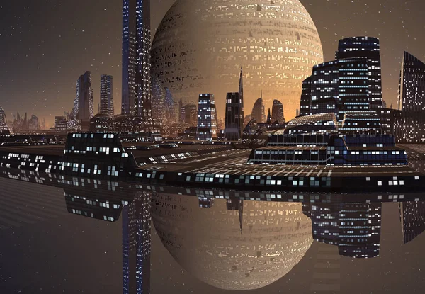 Vykreslené Futuristické Město Mimozemské Planetě Ilustrace — Stock fotografie