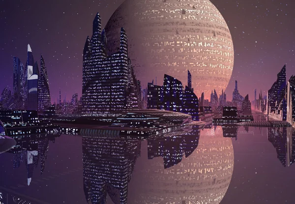 Gerenderde Futuristische Stad Een Buitenaardse Planeet Illustratie — Stockfoto