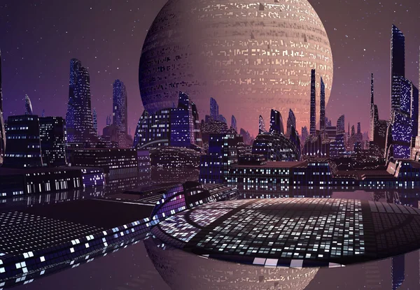 Cité Futuriste Rendue Sur Une Planète Extraterrestre Illustration — Photo