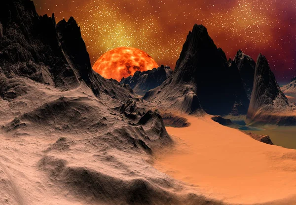 Gerenderte Fantasie Außerirdischer Planet Der Nähe Einer Sonne Illustration — Stockfoto