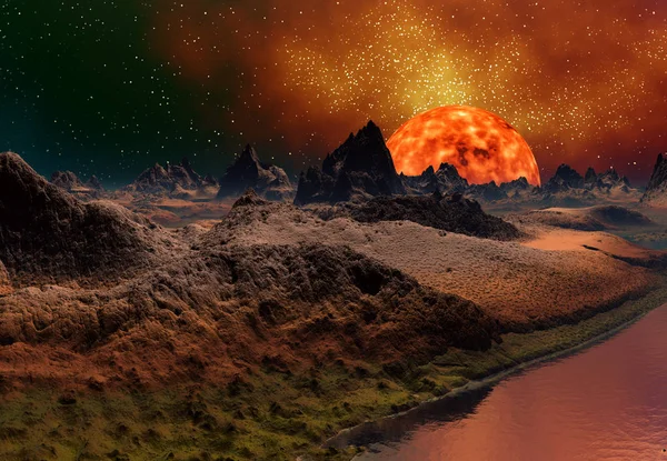 Gerenderte Fantasie Außerirdischer Planet Der Nähe Einer Sonne Illustration — Stockfoto