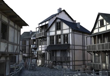 Beyaz Arkaplanda 3D Hazırlanmış Ortaçağ Köyü - 3D Görüntü