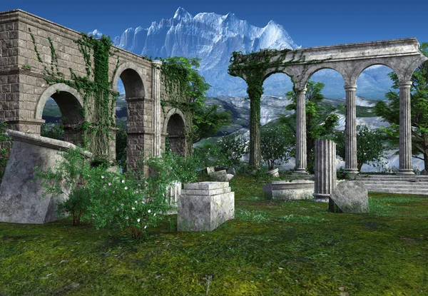 Paisaje Fantasía Renderizado Con Ruinas Del Templo Griego Ilustración — Foto de Stock