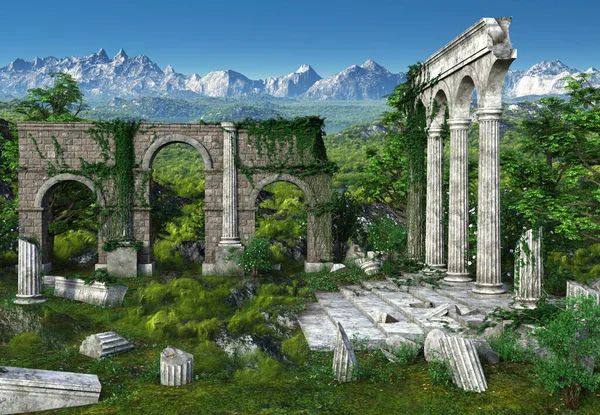 ギリシャの寺院遺跡と3Dレンダリングファンタジーの風景 3Dイラスト — ストック写真