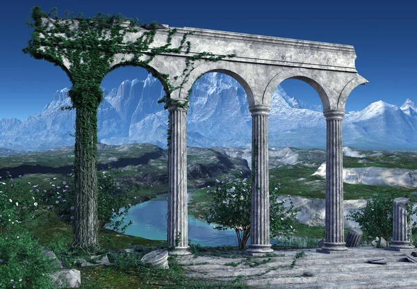 3D rendered Fantasy Landscape with Greek Temple Ruins - 3D Illustration