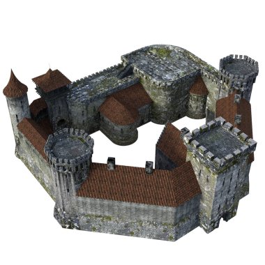 Beyaz Arkaplanda 3D Hazırlanmış Ortaçağ Şatosu - 3D Görüntü