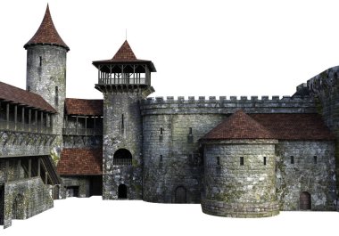 Beyaz Arkaplanda 3D Hazırlanmış Ortaçağ Şatosu - 3D Görüntü