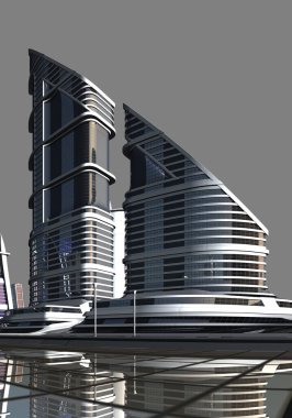 Gri Arkaplanda İzole Edilmiş 3D Geleceğe Dönük Bina - 3B İllüstrasyon