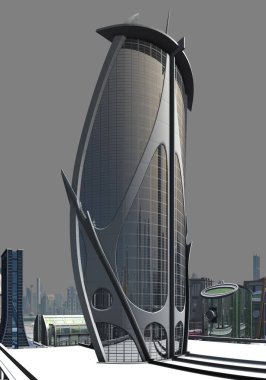 Gri Arkaplanda İzole Edilmiş 3D Geleceğe Dönük Bina - 3B İllüstrasyon