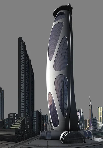 3D Rendered Futuristic Building Isolated on Gray Background - 3D Illustration