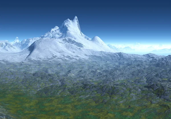 3Dレンダリングファンタジー冬の山の風景 3Dイラスト — ストック写真