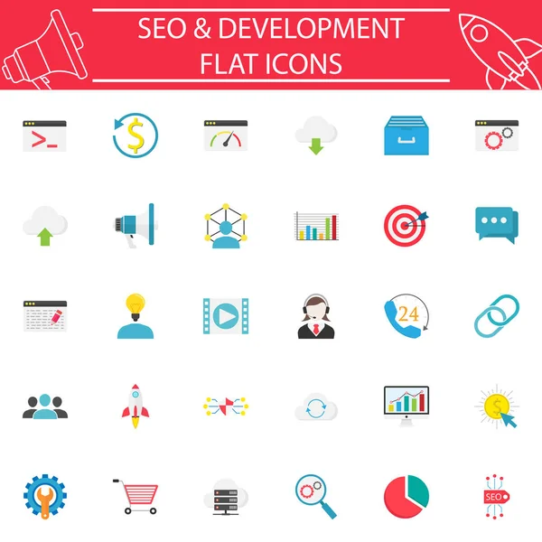 SEO & Desarrollo paquete pictogramas planos, colección de símbolos de marketing, bosquejos vectoriales, ilustraciones de logotipo, Search Engine Optimization conjunto de iconos sólidos de colores aislados sobre fondo blanco, eps 10 . — Vector de stock