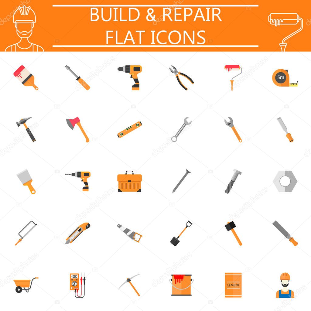 Build & Repair flat pictograms package, construction symbols collection, vector sketches, logo illustrations, Tools colorful solid icon set isolated on white background, eps 10.