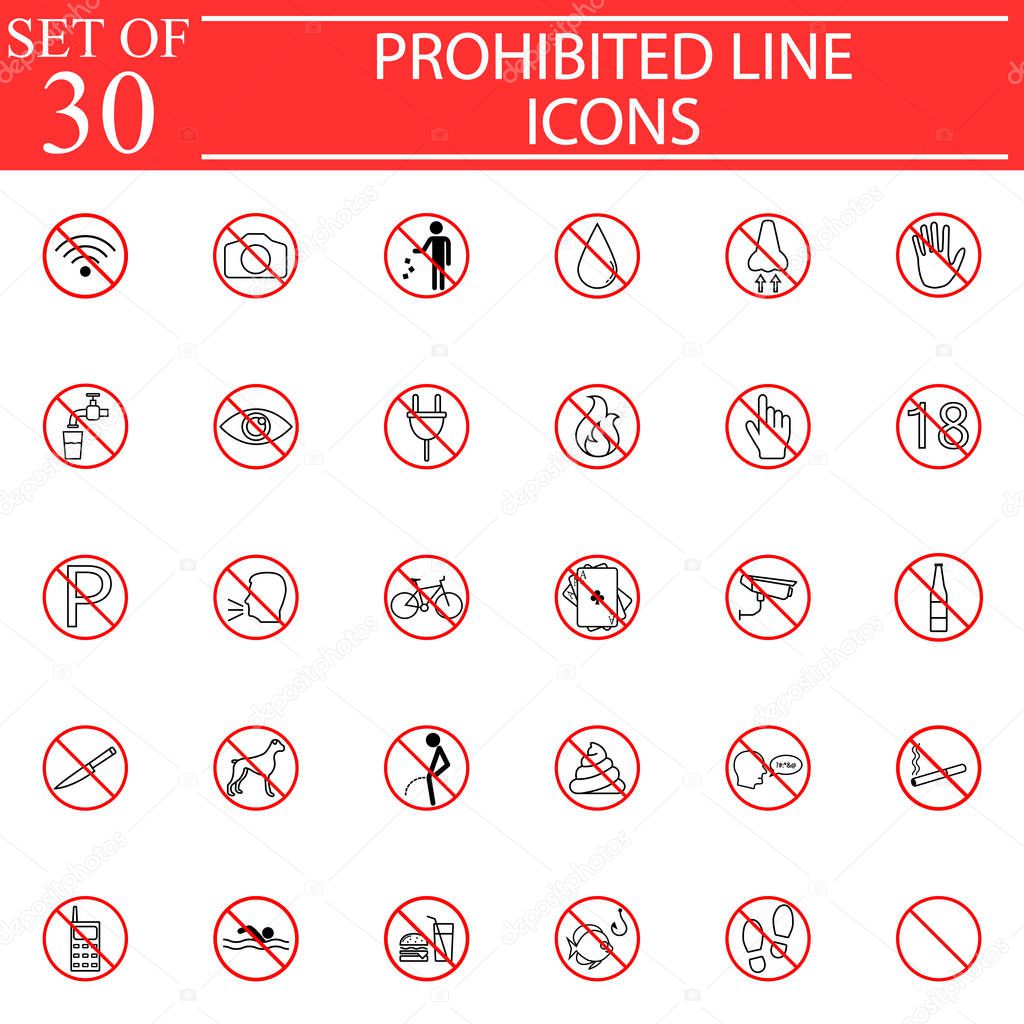 Prohibited signs line pictograms package, Forbidden symbols collection, vector sketches, solid logo illustrations, linear icons isolated red circles on white background, eps 10.