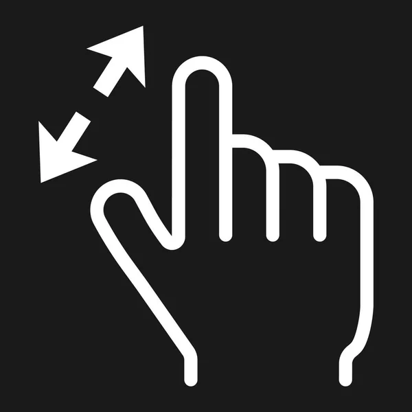 Zoom de 2 dedos en el icono de línea, tacto y gestos de la mano, gráficos vectoriales de interfaz móvil, un patrón lineal sobre un fondo negro, eps 10 . — Vector de stock