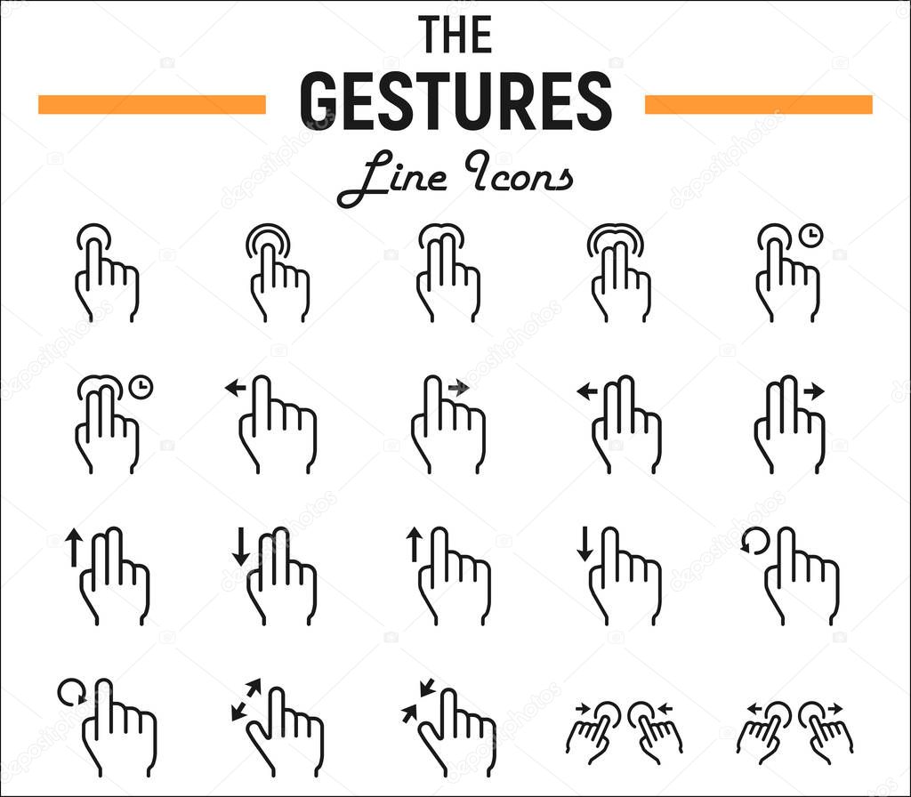 Touch gesture line icon set, touchscreen and hand , Web and mobile interface vector sketches, logo illustrations, linear pictograms package isolated on white background, eps 10.