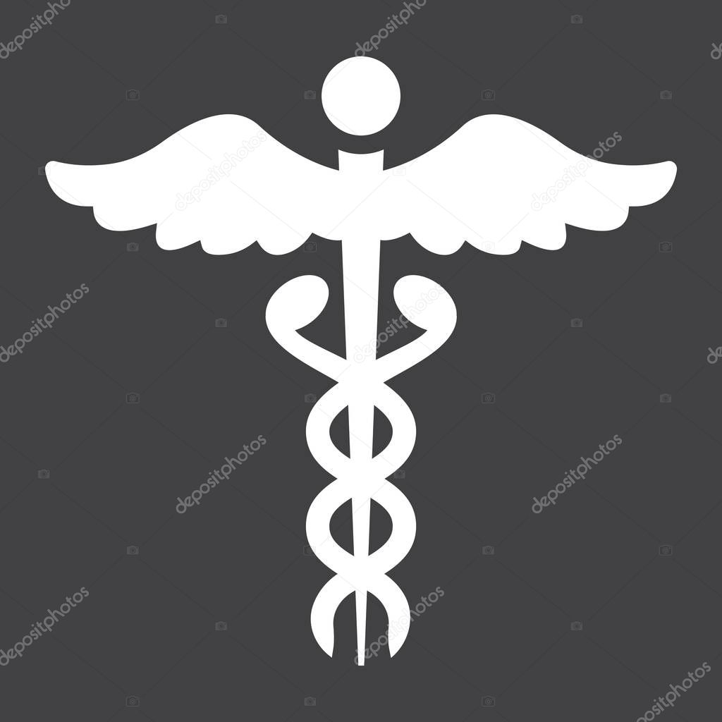 Caduceus glyph icon, medicine and healthcare, pharmacy sign vector graphics, a solid pattern on a black background, eps 10.