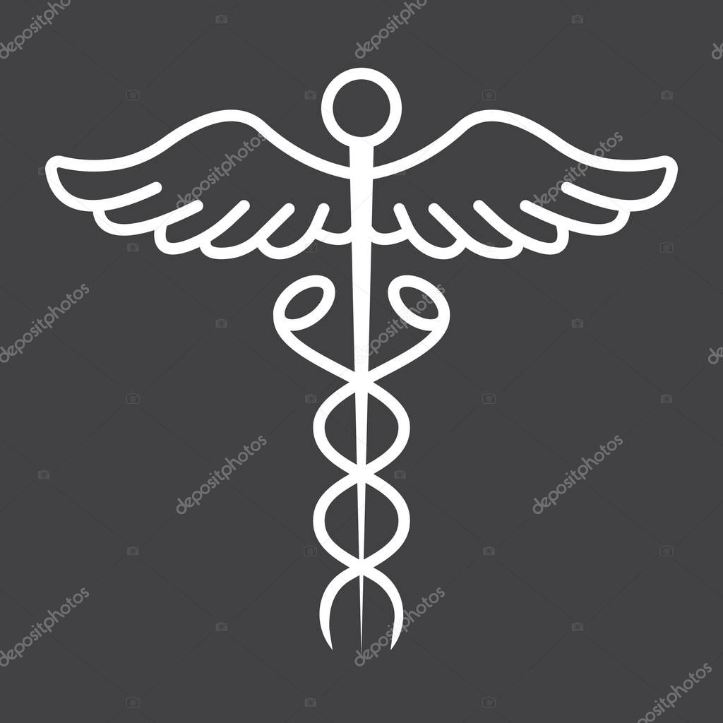 Caduceus line icon, medicine and healthcare, pharmacy sign vector graphics, a linear pattern on a black background, eps 10.