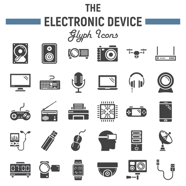 Elektronisch apparaat solide pictogram set, technologie — Stockvector