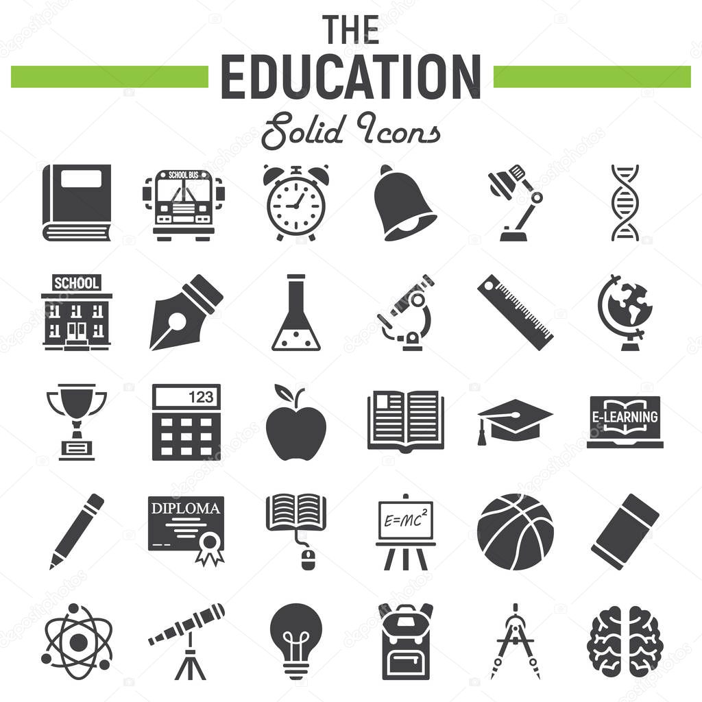Education solid icon set, school sign collection