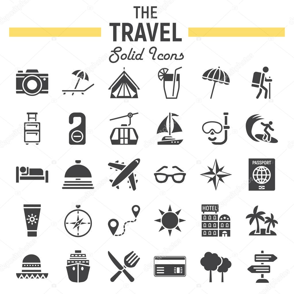 Travel solid icon set, tourism symbols collection
