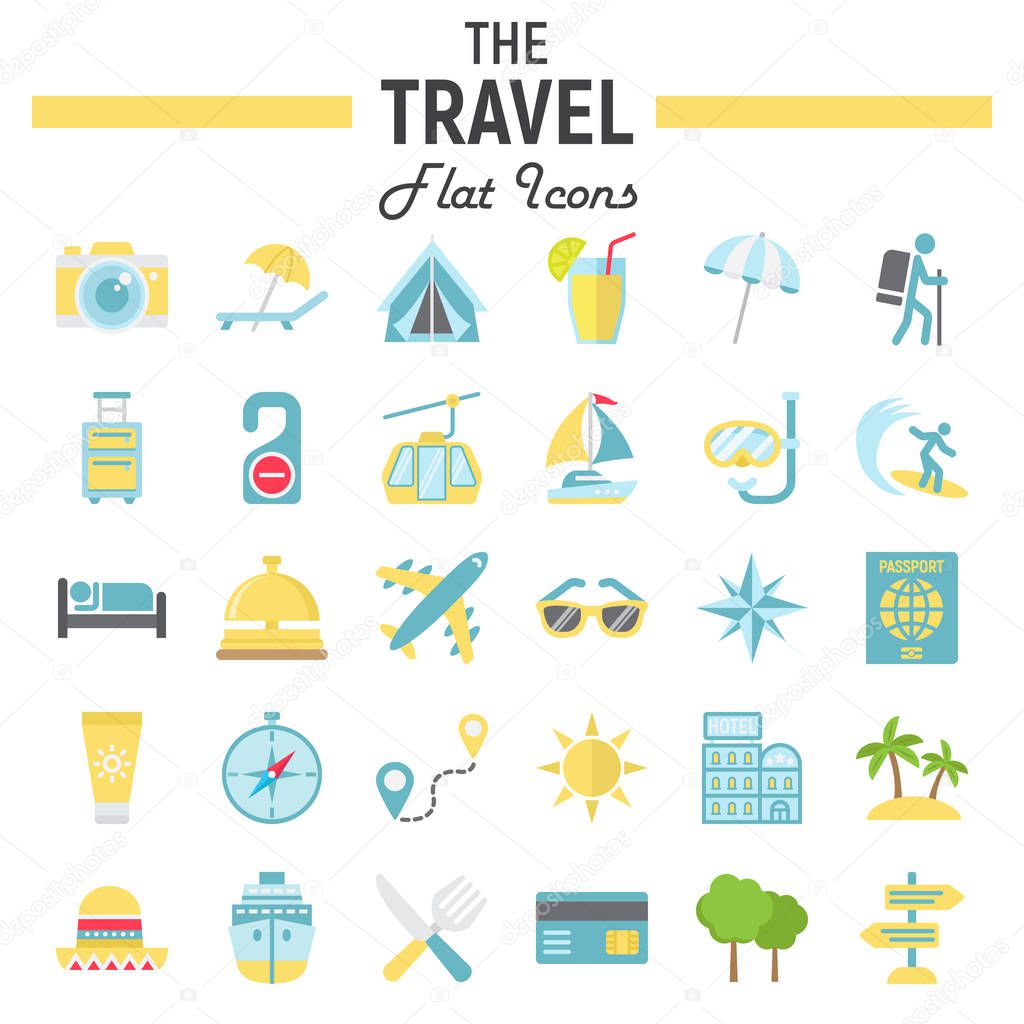 Travel flat icon set, tourism symbols collection