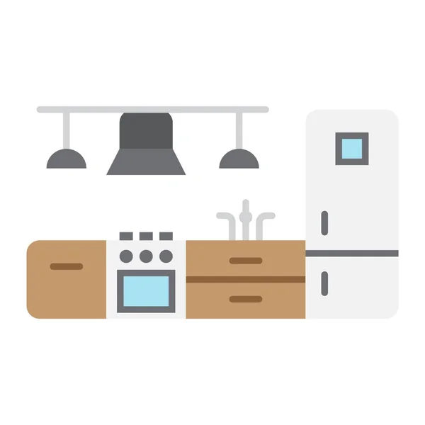 Muebles de cocina icono plano, y el interior — Vector de stock