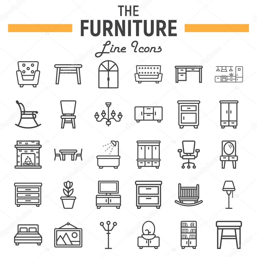 Furniture line icon set, interior symbols collection, vector sketches, logo illustrations, linear pictograms package isolated on white background, eps 10.