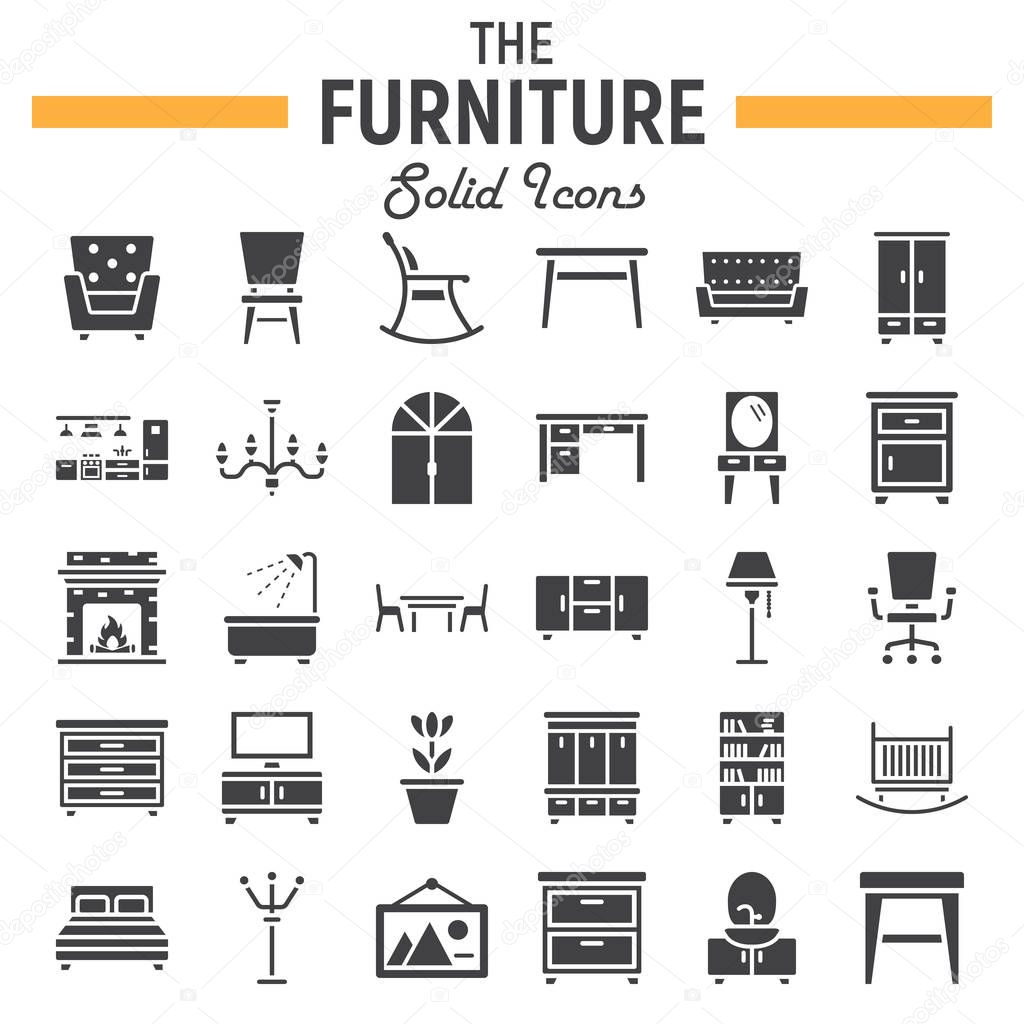 Furniture solid icon set, interior symbols collection, vector sketches, logo illustrations, filled pictograms package isolated on white background, eps 10.