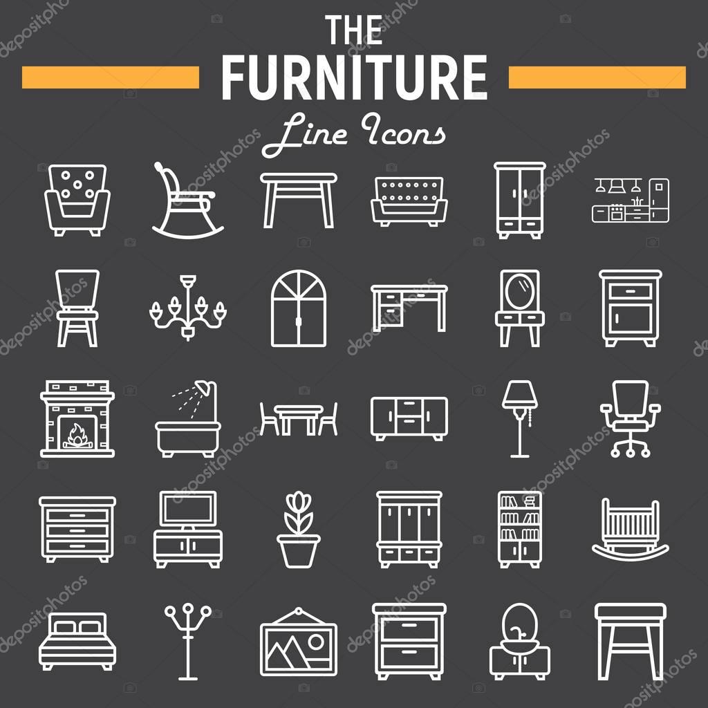 Furniture line icon set, interior symbols collection, vector sketches, logo illustrations, linear pictograms package isolated on black background, eps 10.