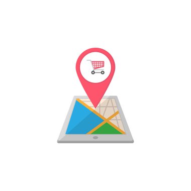 Alışveriş sepeti harita işaretçi düz simgesi, cep telefonu gps