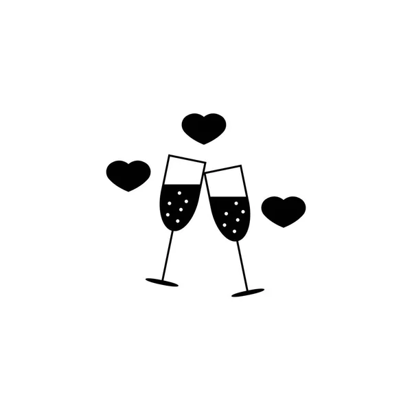 Clinking champagne glasses with hearts sloid icon, — Stock Vector