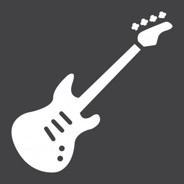 Bas gitar glif simgesi, müzik ve çalgı, ses işareti vektör grafikleri, siyah bir arka plan, eps 10 katı bir desen.