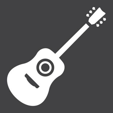 Akustik gitar glif simgesi, müzik ve çalgı, ses işareti vektör grafikleri, siyah bir arka plan, eps 10 katı bir desen.