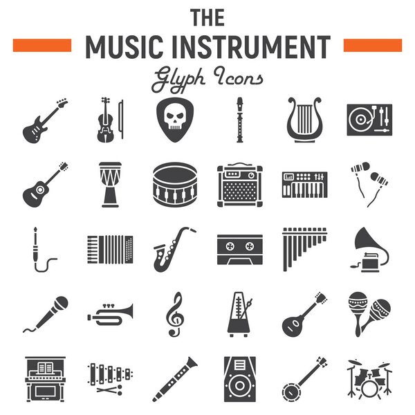 Набор иконок музыкальных инструментов, коллекция аудиосимволов, векторные наброски музыкальных инструментов, иллюстрации логотипа, знаки сплошной упаковки пиктограмм изолированы на белом фоне, eps 10
.