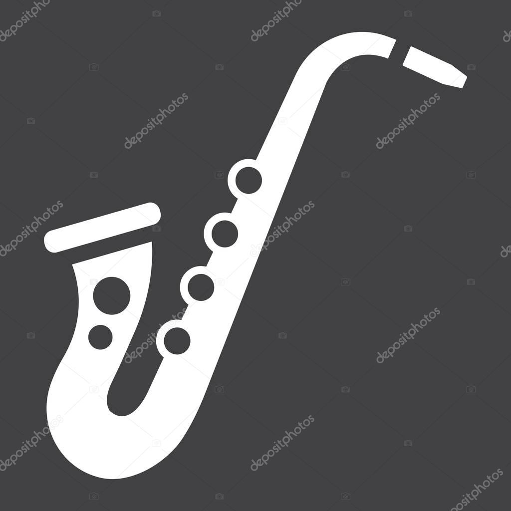 Saxophone glyph icon, music and instrument, jazz sign vector graphics, a solid pattern on a black background, eps 10.