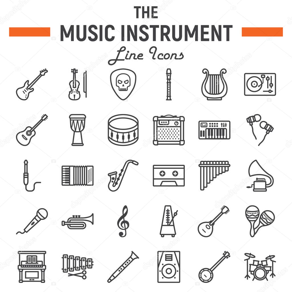 Music instruments line icon set, audio symbols collection, musical tools vector sketches, logo illustrations, signs linear pictograms package isolated on white background, eps 10.