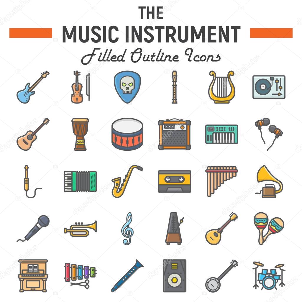Music instruments filled outline icon set, audio symbols collection, musical tools vector sketches, logo illustrations, signs colorful line pictograms package isolated on white background, eps 10.