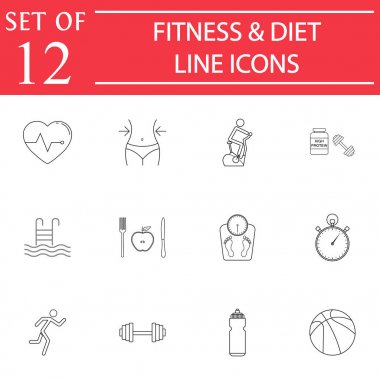 Fitness ve diyet satır simge seti, sağlıklı yaşam